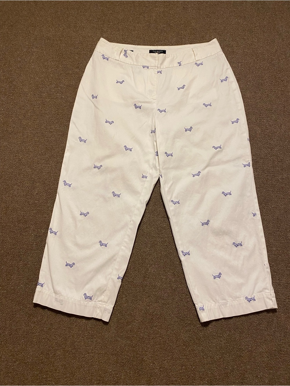 Talbots Heritage Dachshund Embroidered Crop Pants White Blue 10P Petite